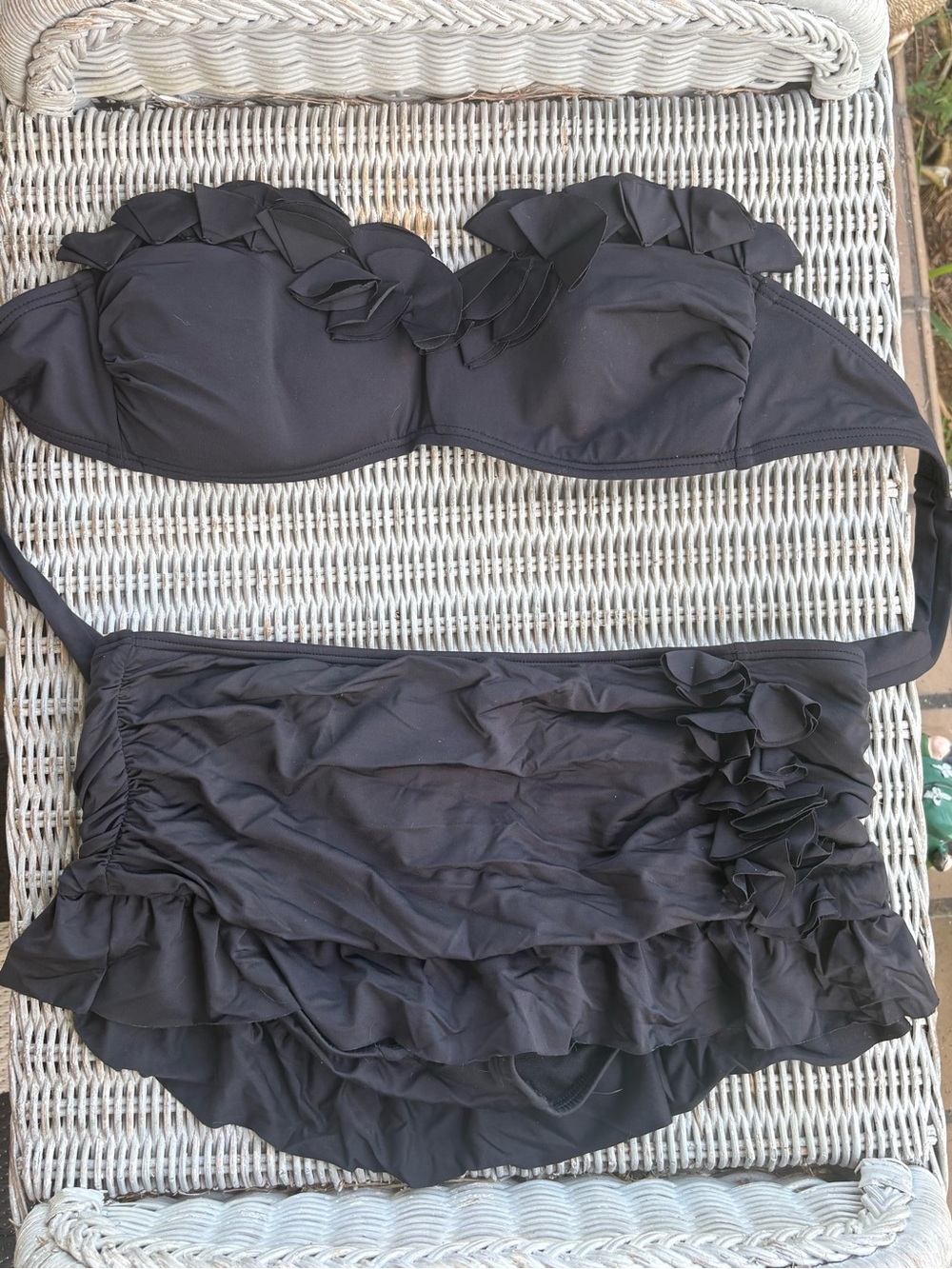 Kenneth Cole Black Ruffle Bandeau Bikini with Skirted Bottom